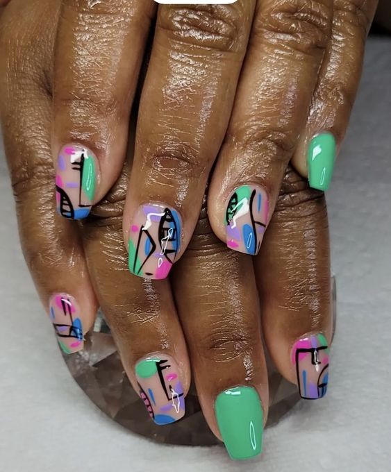 Colorful abstract geometric nail art, Pinterest creative nails.