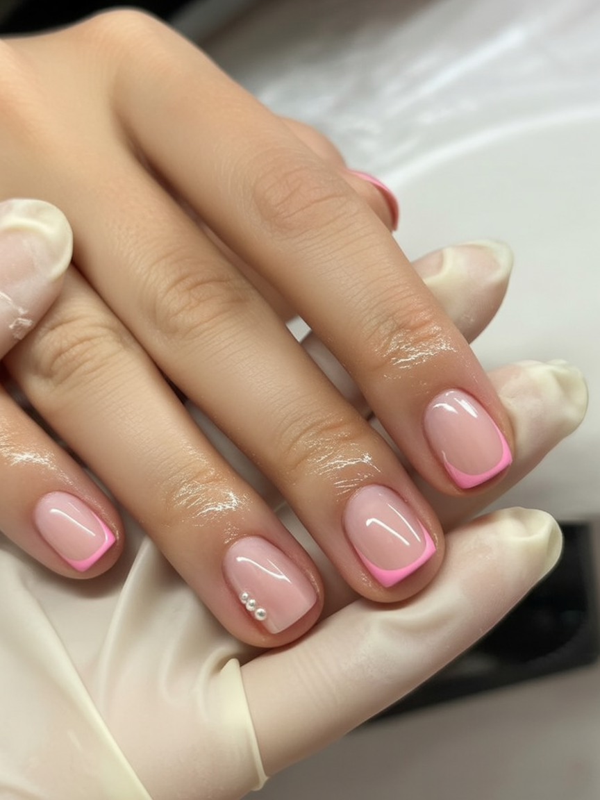 Pink micro-French tips, Pinterest nail design.