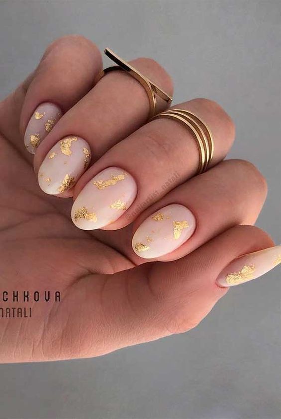Gold leaf nude nails, Pinterest luxury nails.