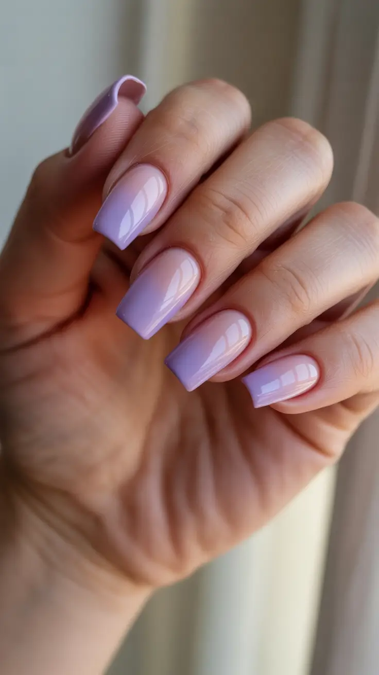 Glossy lavender nails in a short square shape with high-shine finish