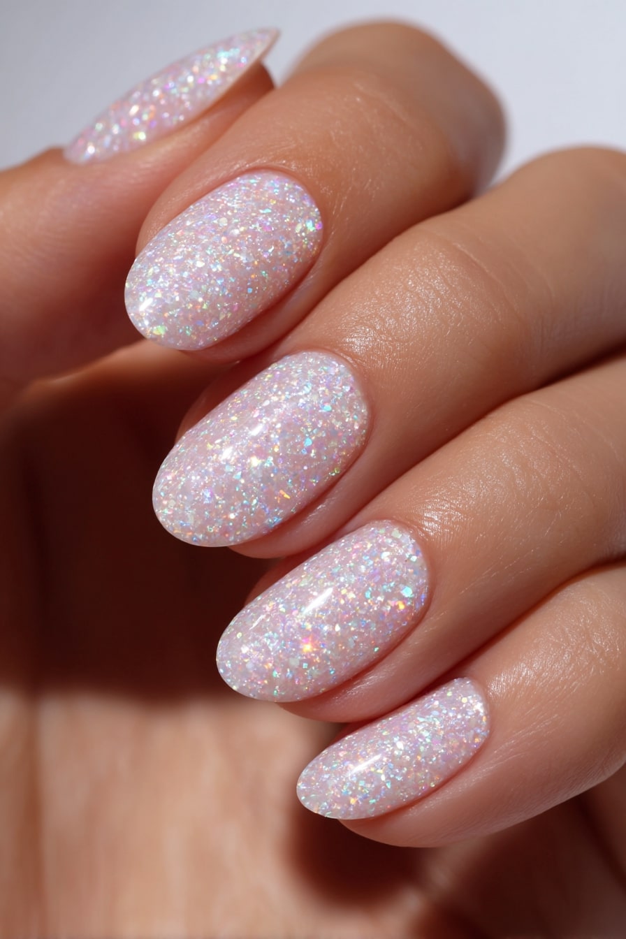 Opalescent glitter nails in short oval shape with iridescent finish