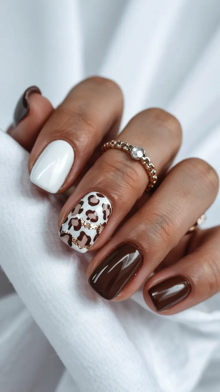 Chic leopard accent nails with brown and white combination on short oval shape