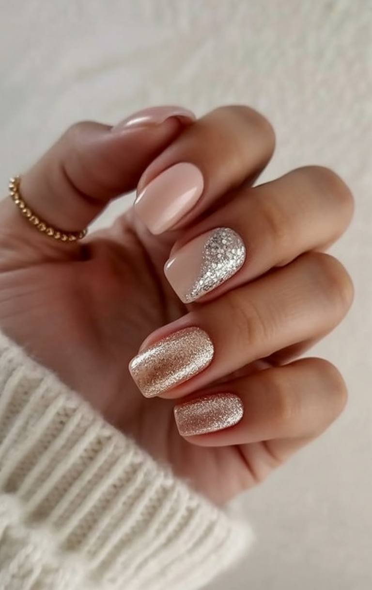 Nude and glitter nails, short square shape, opulent finish
