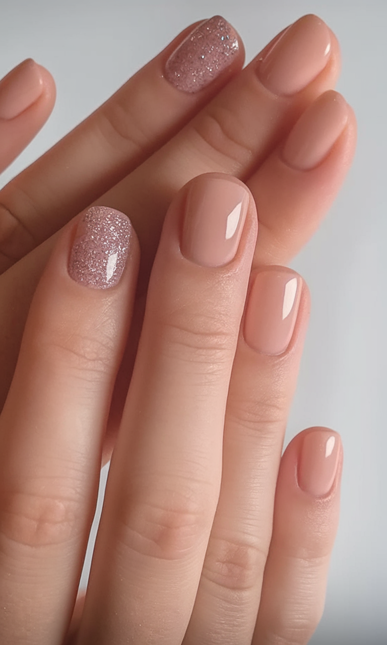 Soft pink sparkle nails, short square shape, timeless elegance