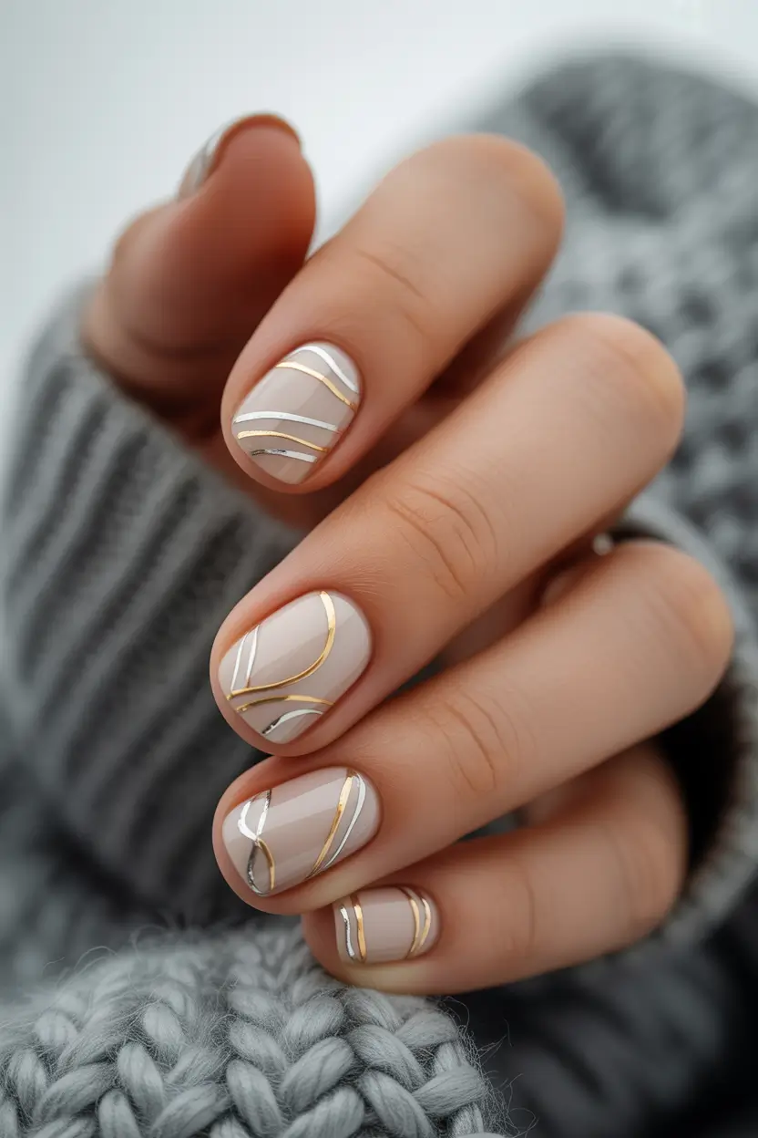 Golden accent nails, short almond shape, luxurious design