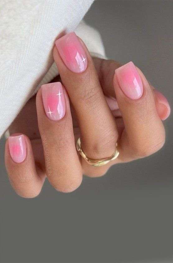Pink aura nails, short round shape, ethereal finish