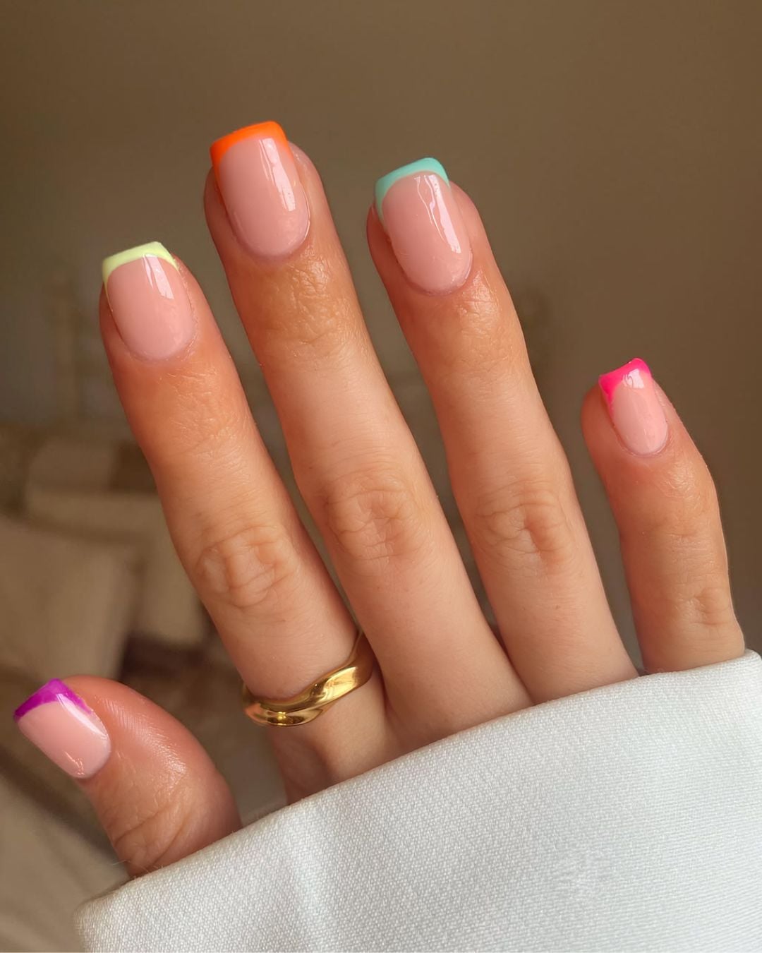 Rainbow French tips, short square nails