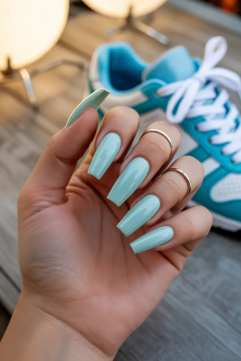 Mint green coffin nails, glossy finish