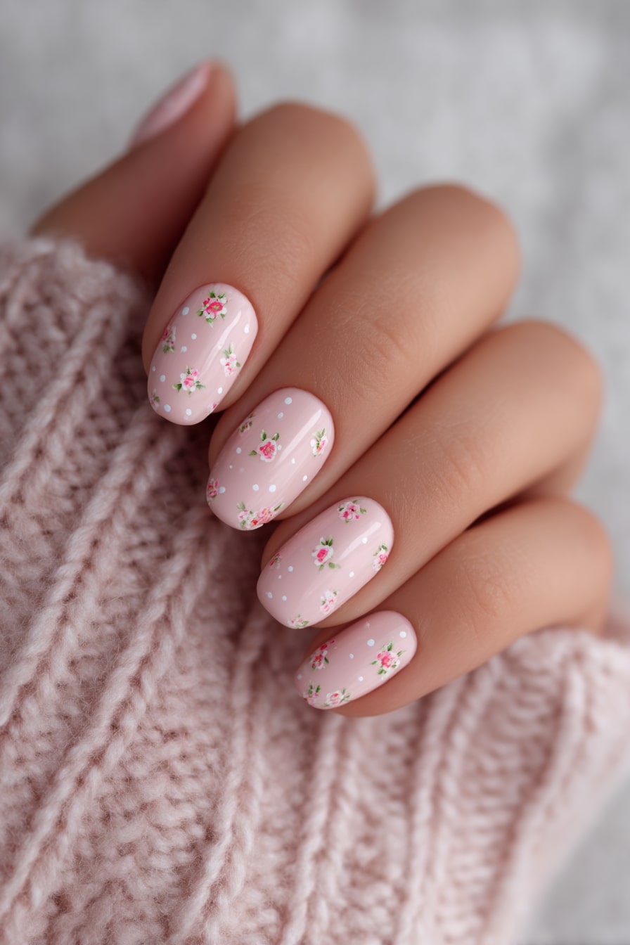 Floral design on short oval nails, delicate elegance