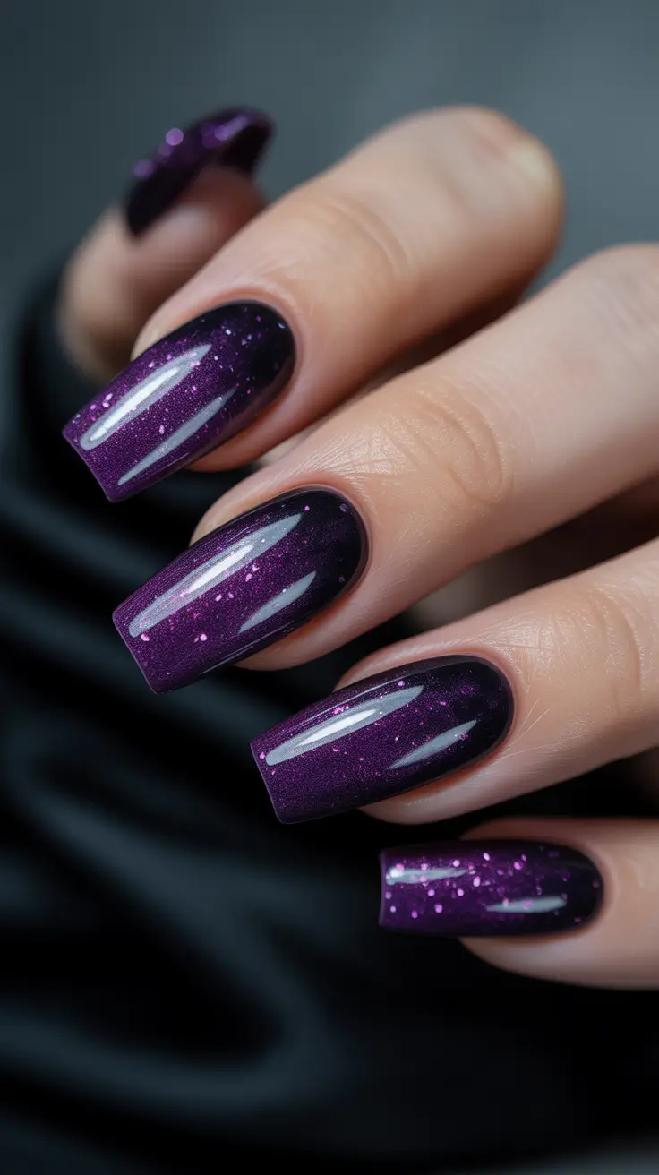 Galaxy purple square nails, glossy finish