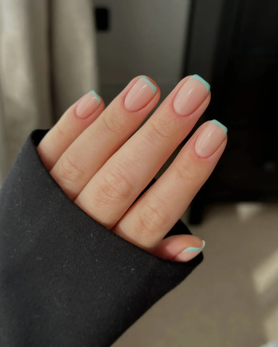 Minty French tips, short square nails, fresh style