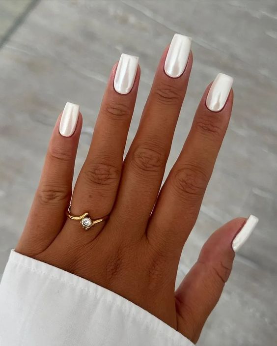 Pearlescent white square nails, glossy finish