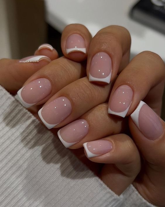French manicure on short square acrylic nails with glossy finish