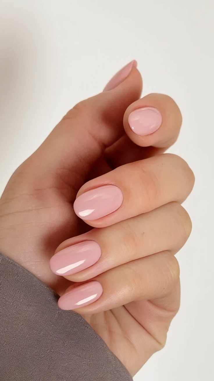 Soft pink nails with a glossy finish on short square shape