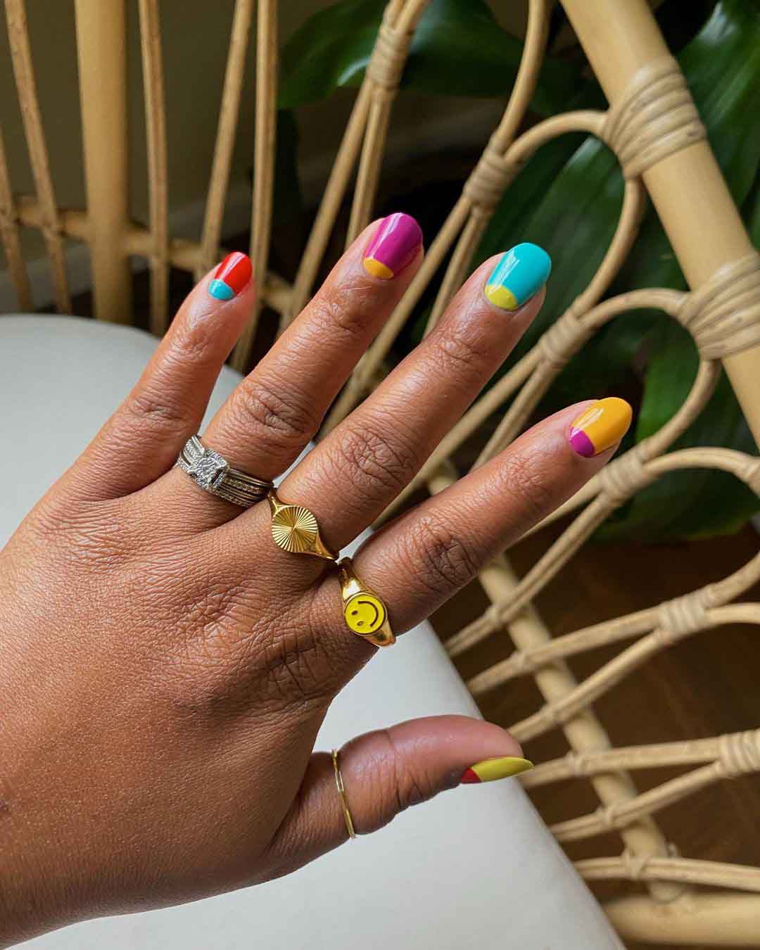 Bright abstract nail design on short square nails