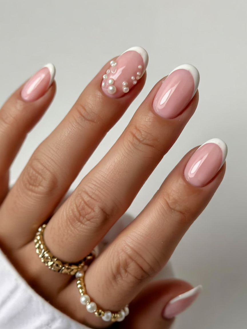 French manicure with pearl accents on short almond nails