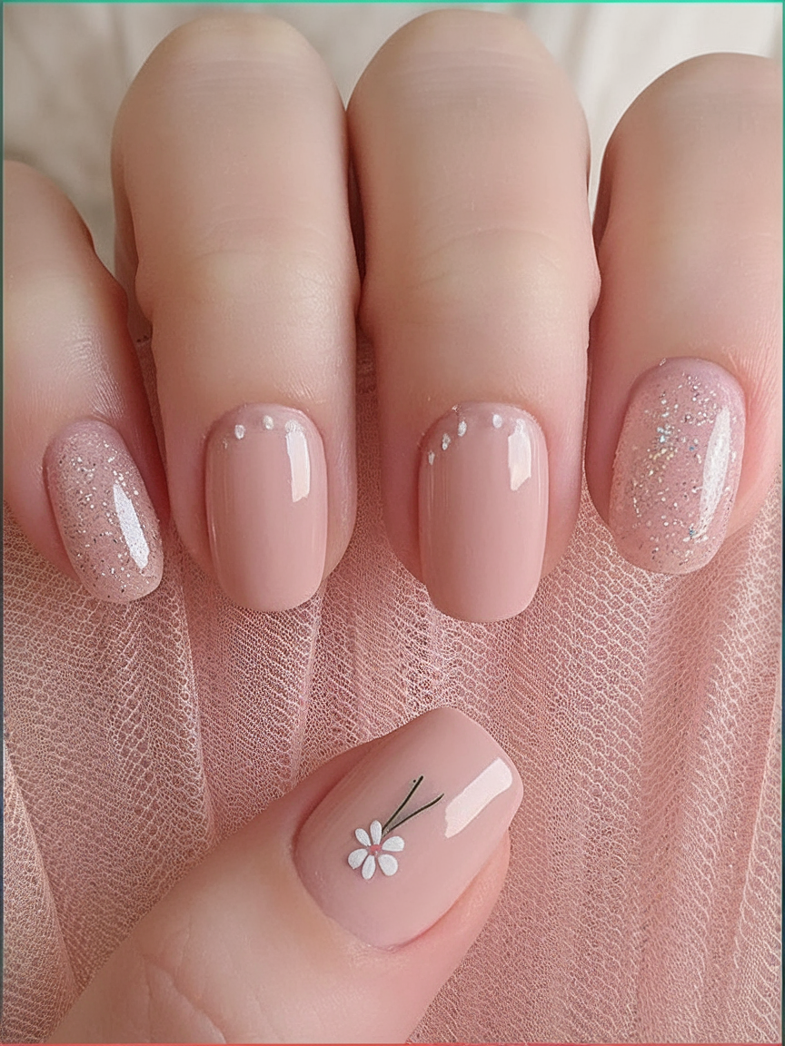 Short square nails with pink floral accents and glitter details