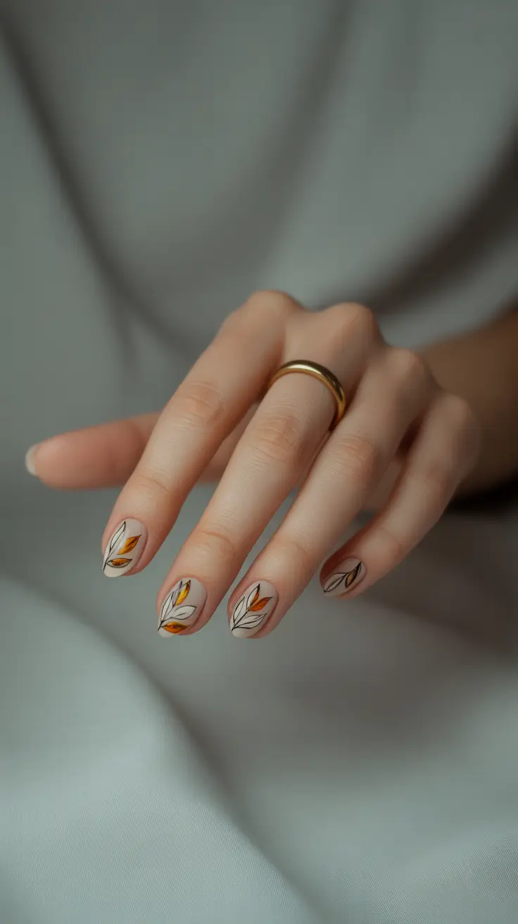Short almond nails with autumn leaf nail art