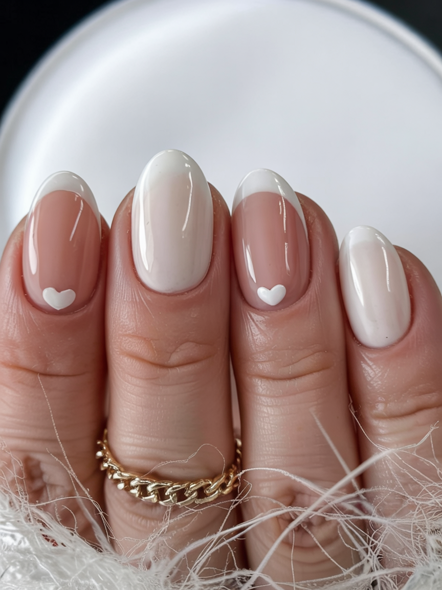 Almond nails with French tips and heart accents