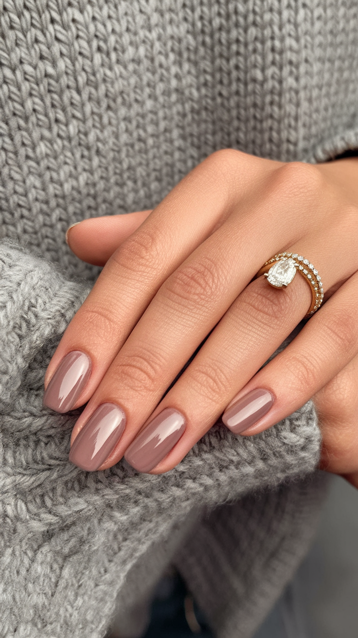 Short almond nails with taupe polish