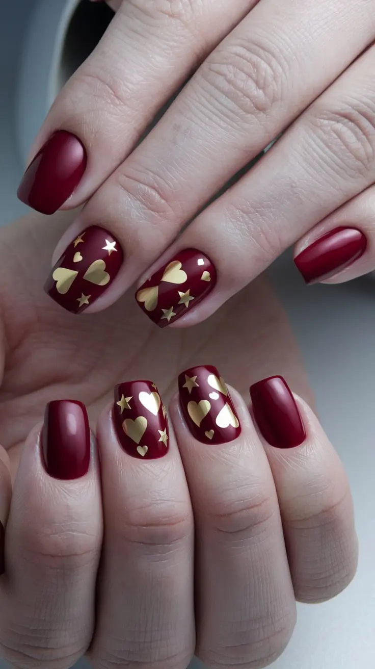 Short square nails with maroon polish and gold heart accents