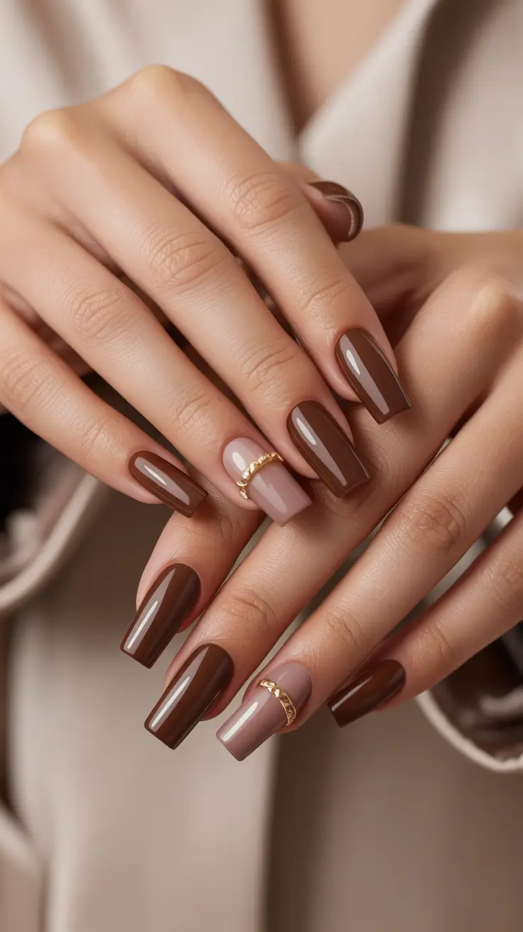 Short square nails with chocolate and gold accents