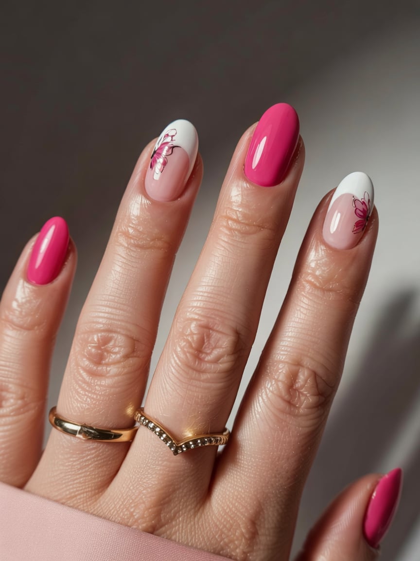 Short almond nails with pink and white floral design