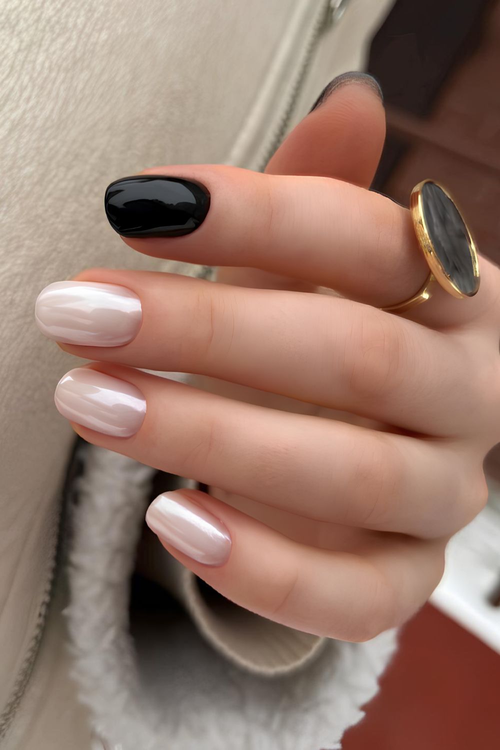 Monochrome black and white nails with glossy finish, chic elegance, Pinterest nail design.