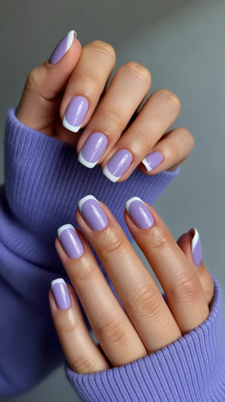 Lilac French tip nails with white accents, dreamy elegance, Pinterest pastel nails.