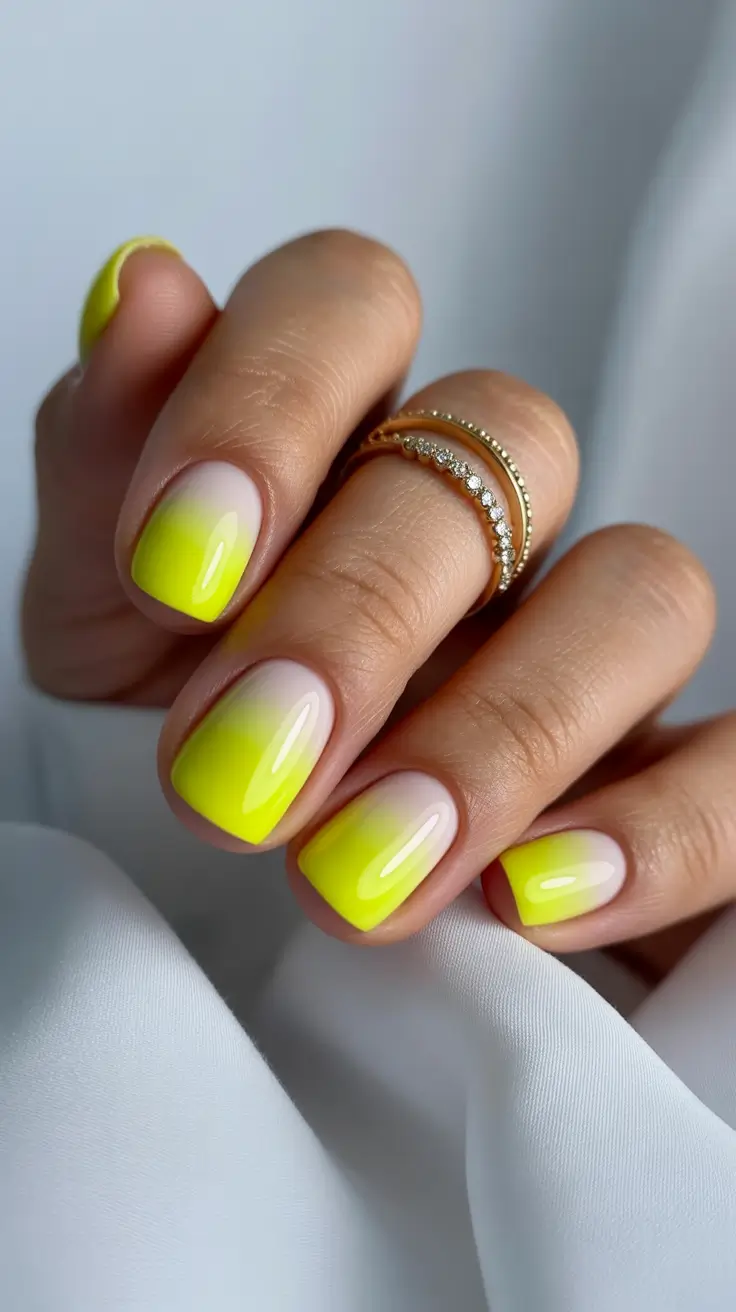 Yellow ombre short nails, summery brightness, Pinterest cheerful nails.