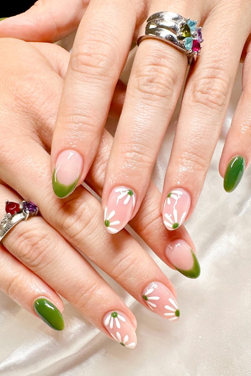 Green French tips with floral details, spring-inspired, Pinterest floral nails.