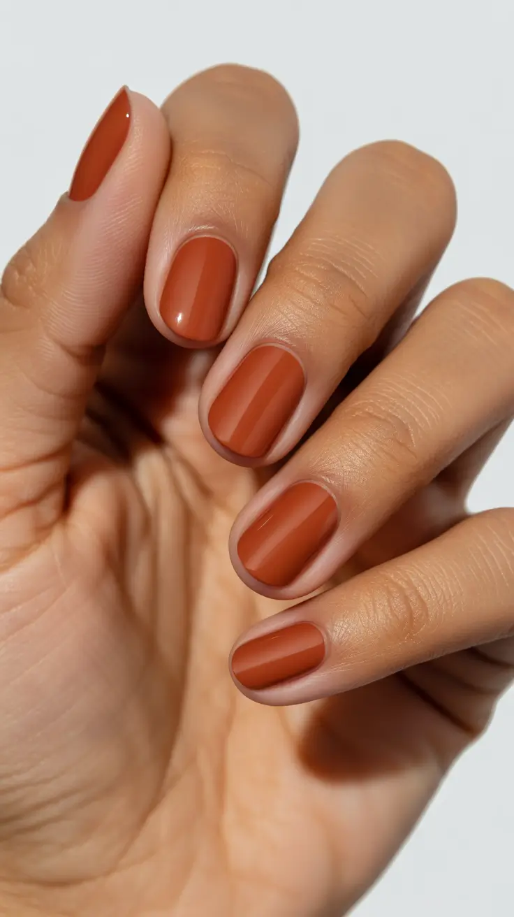 Terracotta nails, warm earthy tones, chic and natural.