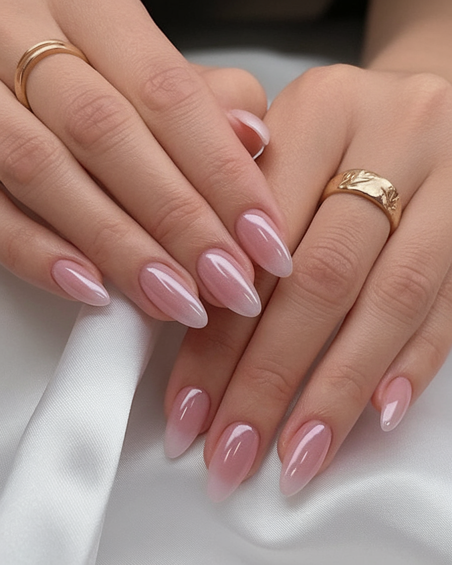 Soft pink ombré nails, elegant gradient, feminine style.