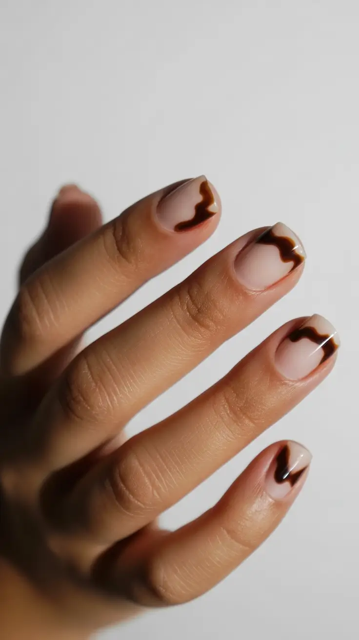 Nude nails with chocolate swirl tips, artistic design.