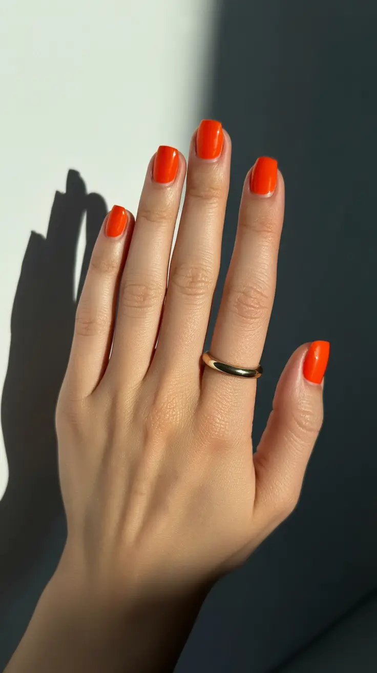 Bright orange square nails, bold and vibrant summer style.