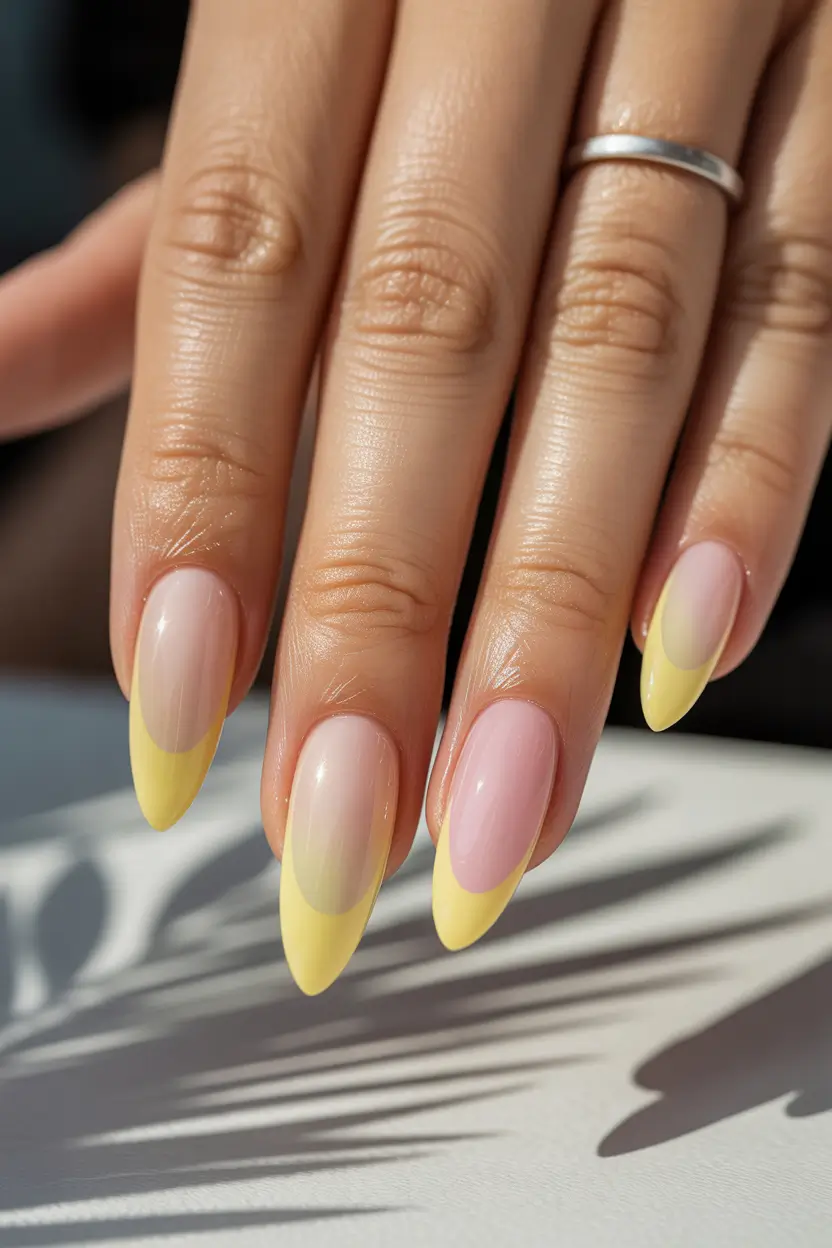 Bright yellow French tips on long almond nails