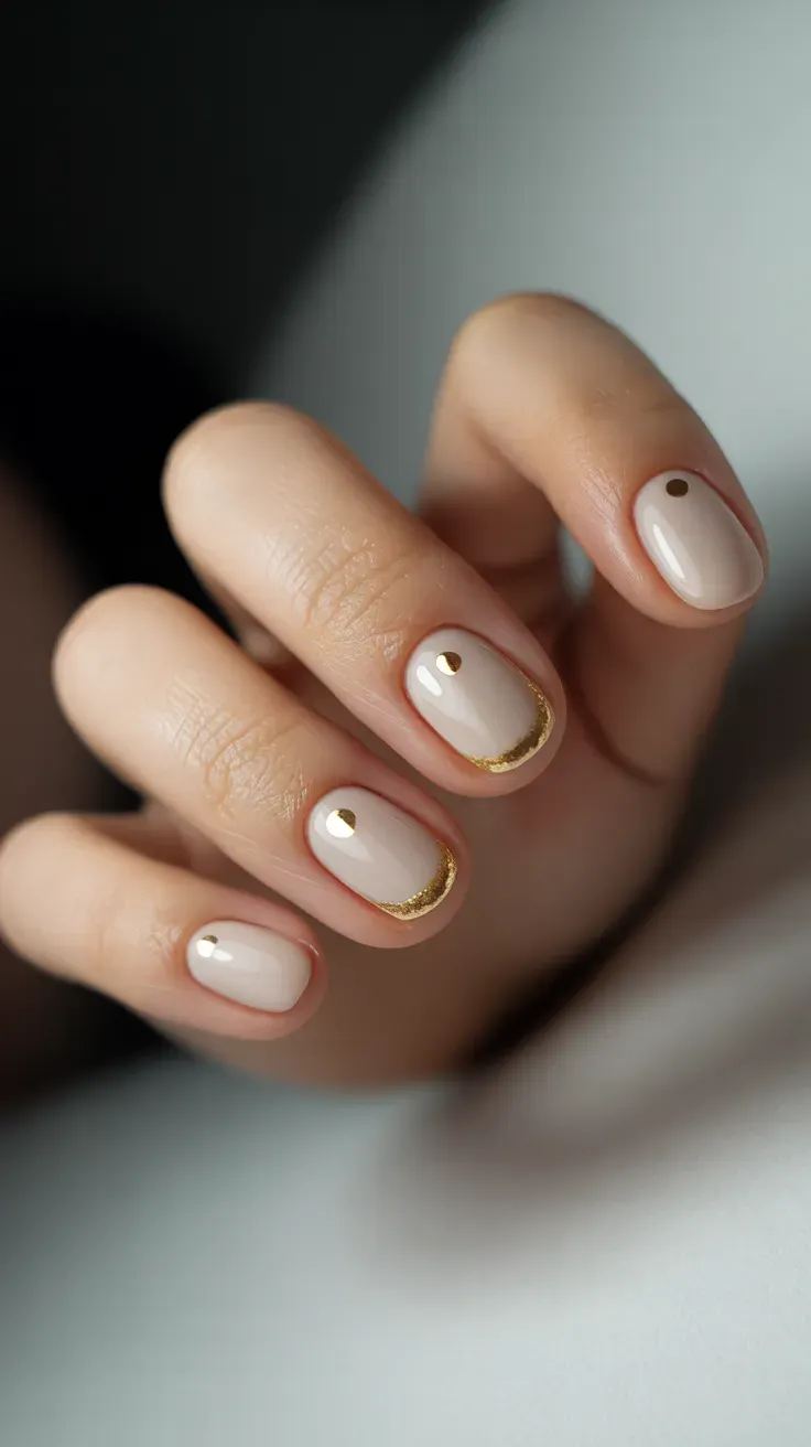 Minimalist nude nails with gold accents, chic and modern