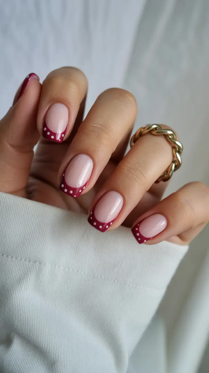 Burgundy polka dot French tips, playful and elegant