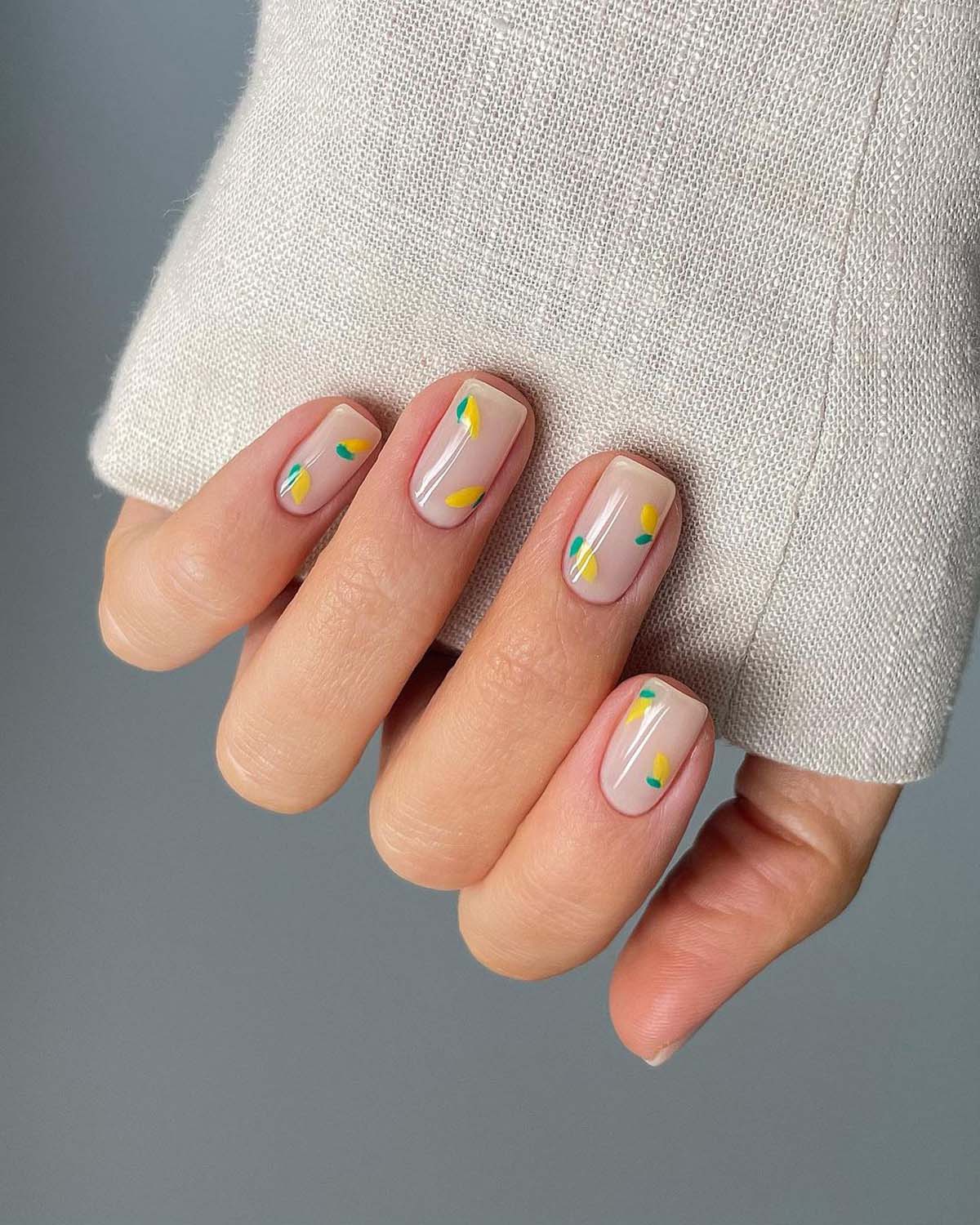 Abstract colorful lines on nude nails, fun and artistic