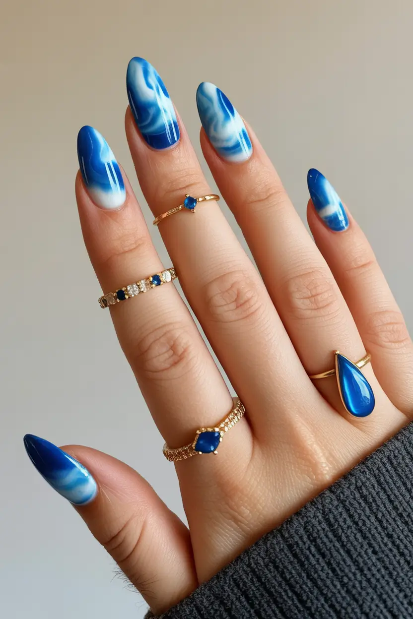 Blue marble nails, artistic and bold design