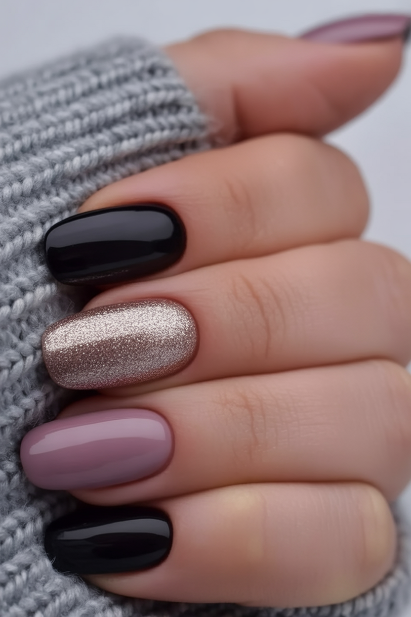 Dark nails with metallic accent, bold and sophisticated
