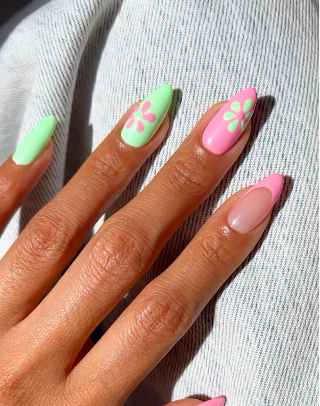 Pastel floral nails with almond shape and spring accents