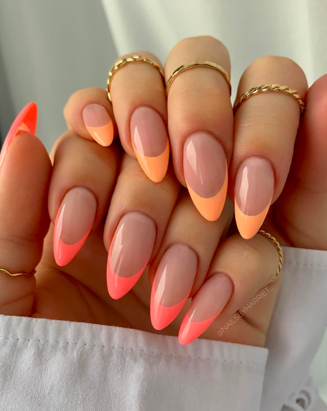 Neon French manicure with gradient tips and almond shape