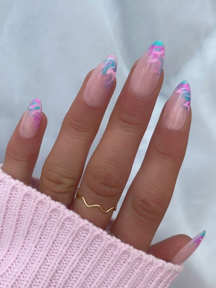 Pastel marble nails with almond shape and glossy finish