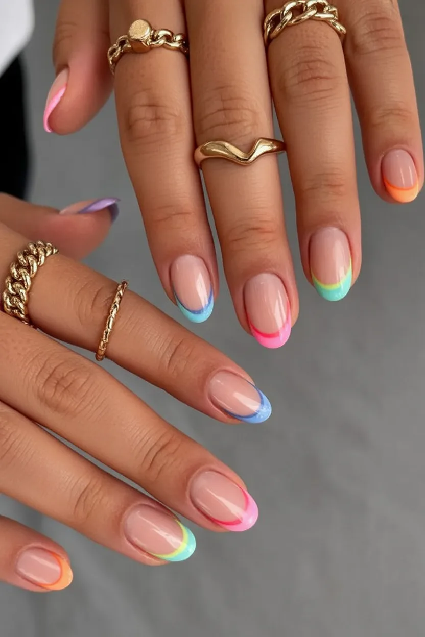 Rainbow French nails with short almond shape and vibrant tips