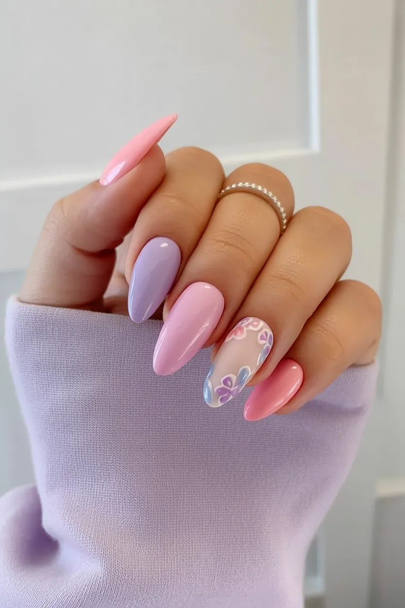 Pastel nails with almond shape and soft hues