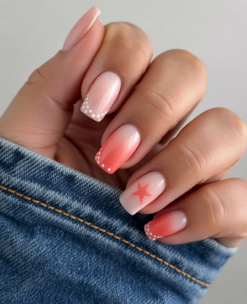 Starry coral nails with square shape and gradient design