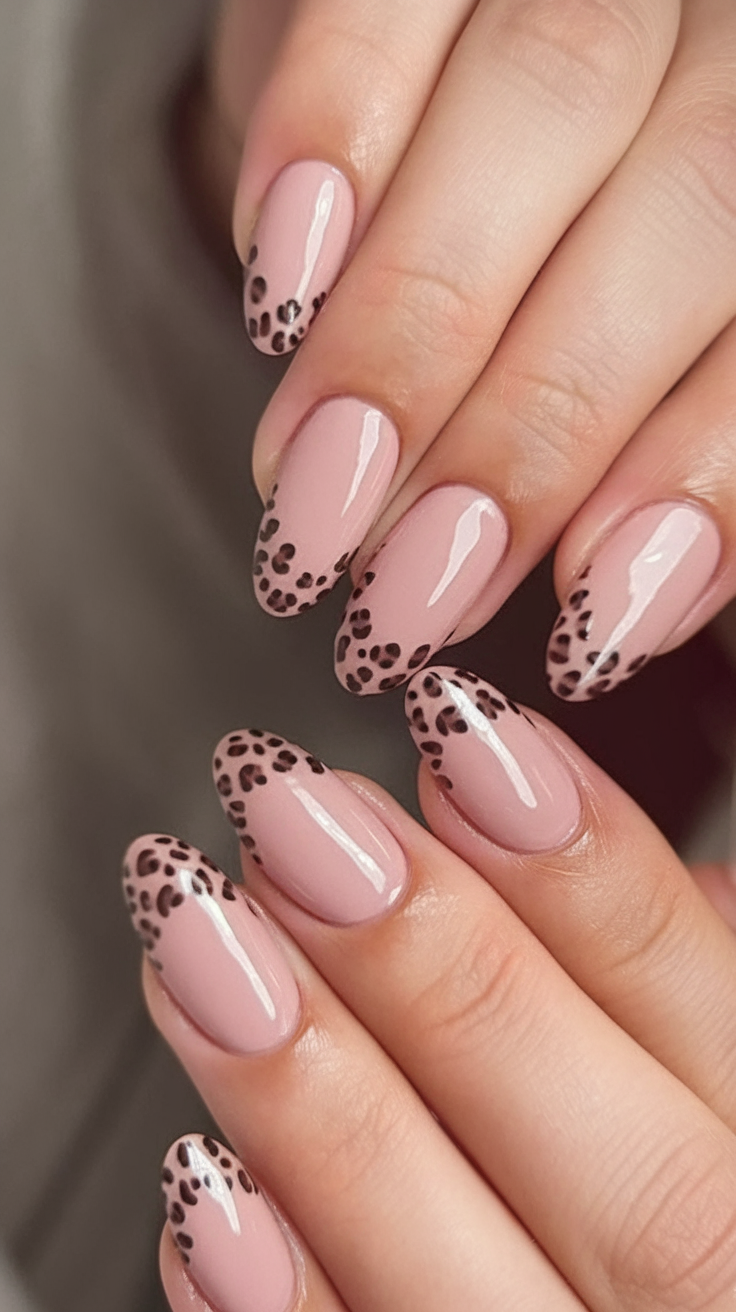 Leopard print French tips with nude pink base.