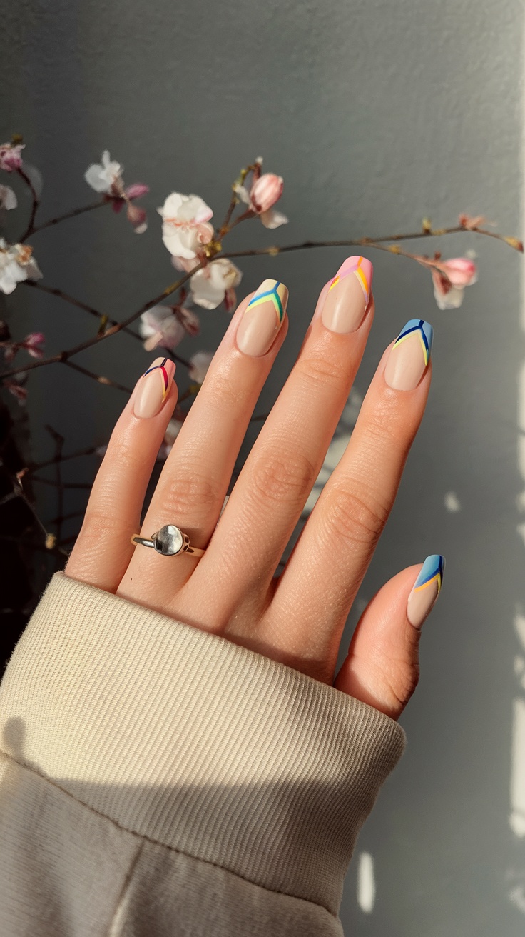 Multicolored abstract French tips on nude base.