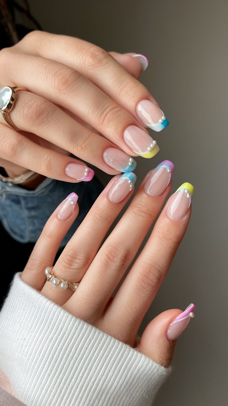 Pastel French tips on short oval nails
